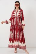 2423 Otantik Desenli Tesettür Elbise - G.Bordo resmi